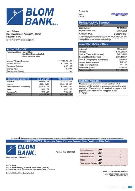 Download Lebanon BLOM Bank mortgage statement Word and PDF template Photoshop template